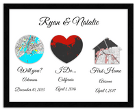 Thumbnail for Personalized Relationship Milestones Map Wall Art - Custom Location Poster for Couples, Customized Names, Dates, City Maps, Romantic Home Decor, Keepsake Gifts for Wedding, Newlyweds, Anniversary - Front View
