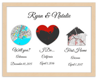 Thumbnail for Personalized Relationship Milestones Map Wall Art - Custom Location Poster for Couples, Customized Names, Dates, City Maps, Romantic Home Decor, Keepsake Gifts for Wedding, Newlyweds, Anniversary - Front View
