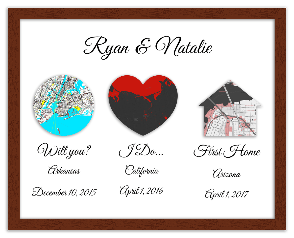 Personalized Relationship Milestones Map Wall Art - Custom Location Poster for Couples, Customized Names, Dates, City Maps, Romantic Home Decor, Keepsake Gifts for Wedding, Newlyweds, Anniversary - Front View