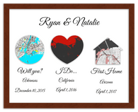 Thumbnail for Personalized Relationship Milestones Map Wall Art - Custom Location Poster for Couples, Customized Names, Dates, City Maps, Romantic Home Decor, Keepsake Gifts for Wedding, Newlyweds, Anniversary - Front View