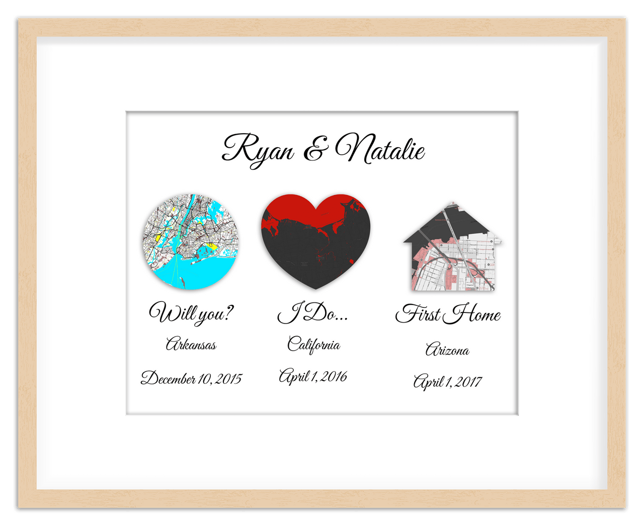 Personalized Relationship Milestones Map Wall Art - Custom Location Poster for Couples, Customized Names, Dates, City Maps, Romantic Home Decor, Keepsake Gifts for Wedding, Newlyweds, Anniversary - Front View