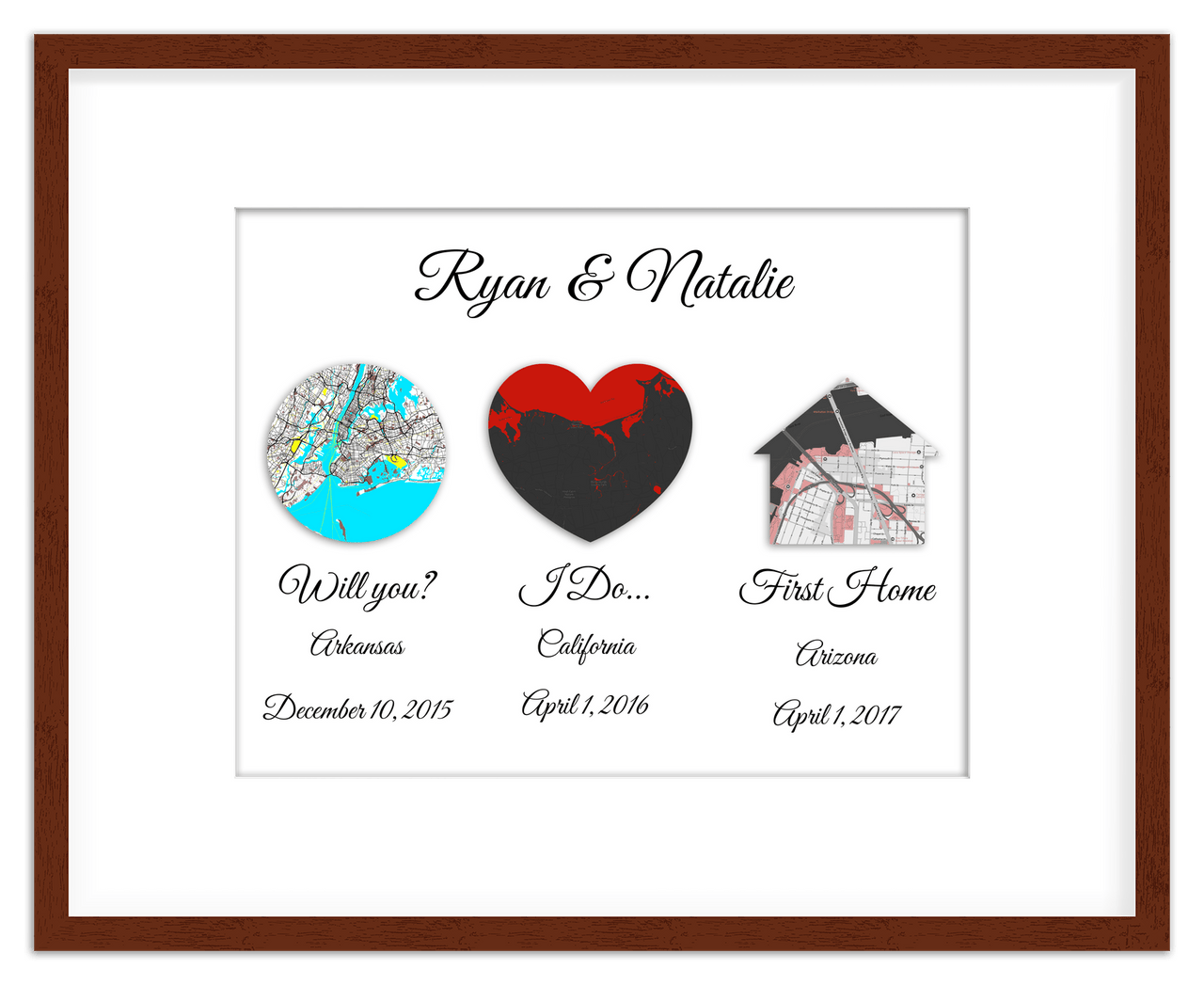 Personalized Relationship Milestones Map Wall Art - Custom Location Poster for Couples, Customized Names, Dates, City Maps, Romantic Home Decor, Keepsake Gifts for Wedding, Newlyweds, Anniversary - Front View