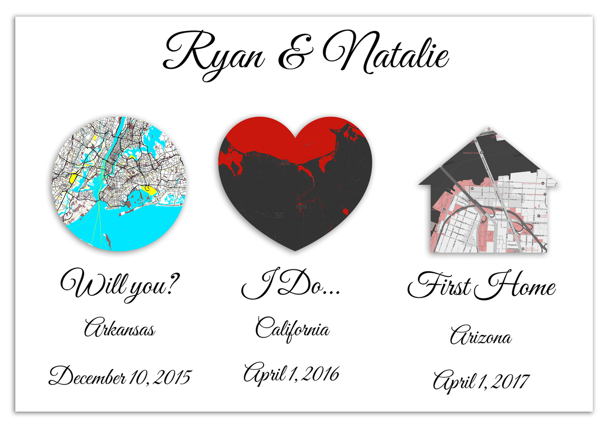 Personalized Relationship Milestones Map Wall Art - Custom Location Poster for Couples, Customized Names, Dates, City Maps, Romantic Home Decor, Keepsake Gifts for Wedding, Newlyweds, Anniversary - Front View