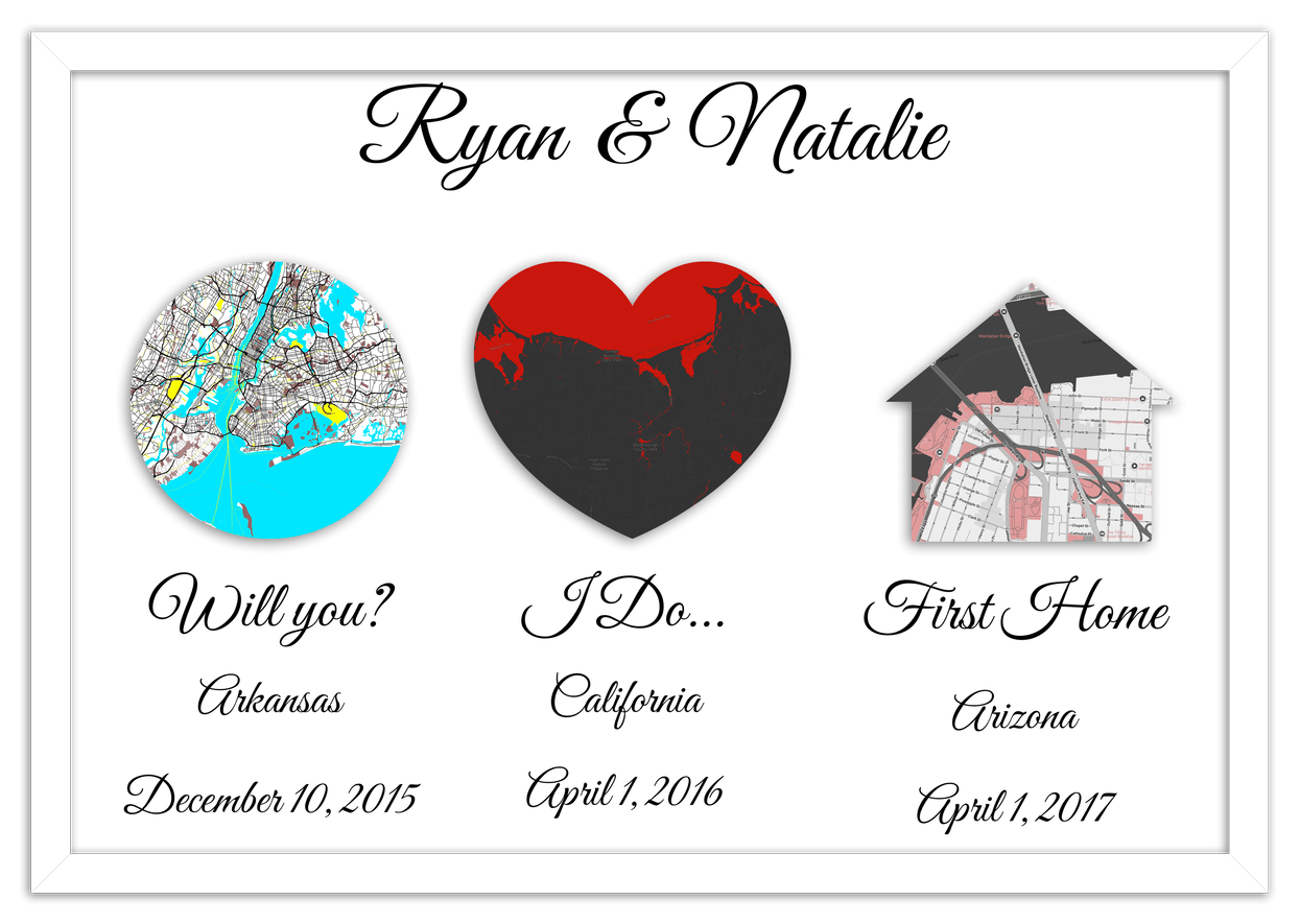 Personalized Relationship Milestones Map Wall Art - Custom Location Poster for Couples, Customized Names, Dates, City Maps, Romantic Home Decor, Keepsake Gifts for Wedding, Newlyweds, Anniversary - Front View