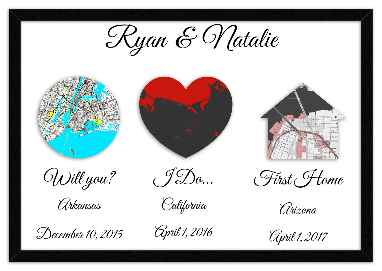 Personalized Relationship Milestones Map Wall Art - Custom Location Poster for Couples, Customized Names, Dates, City Maps, Romantic Home Decor, Keepsake Gifts for Wedding, Newlyweds, Anniversary - Front View
