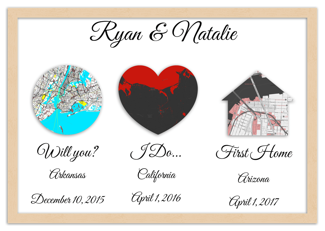 Personalized Relationship Milestones Map Wall Art - Custom Location Poster for Couples, Customized Names, Dates, City Maps, Romantic Home Decor, Keepsake Gifts for Wedding, Newlyweds, Anniversary - Front View