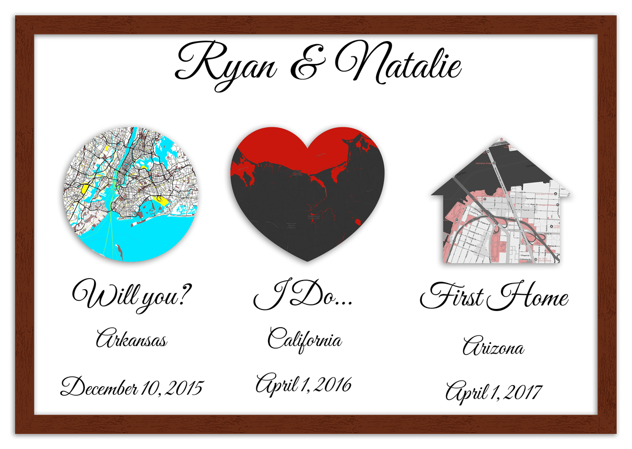 Personalized Relationship Milestones Map Wall Art - Custom Location Poster for Couples, Customized Names, Dates, City Maps, Romantic Home Decor, Keepsake Gifts for Wedding, Newlyweds, Anniversary - Front View