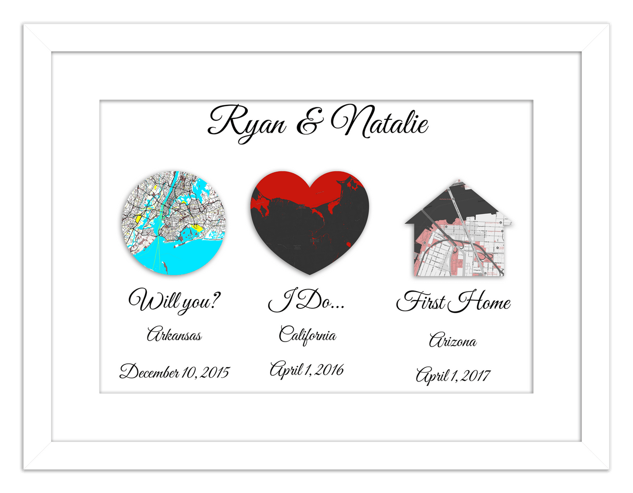 Personalized Relationship Milestones Map Wall Art - Custom Location Poster for Couples, Customized Names, Dates, City Maps, Romantic Home Decor, Keepsake Gifts for Wedding, Newlyweds, Anniversary - Front View