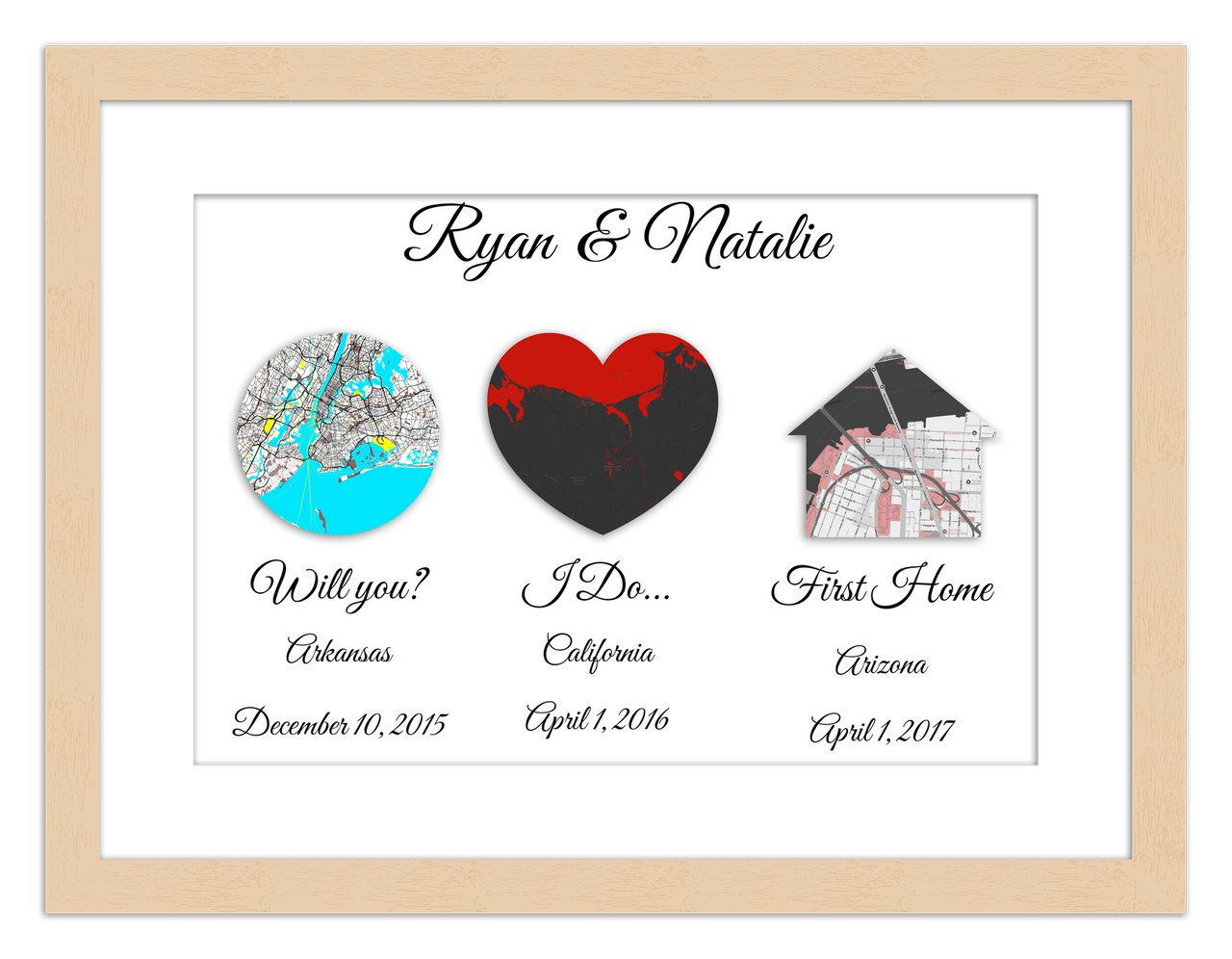 Personalized Relationship Milestones Map Wall Art - Custom Location Poster for Couples, Customized Names, Dates, City Maps, Romantic Home Decor, Keepsake Gifts for Wedding, Newlyweds, Anniversary - Front View