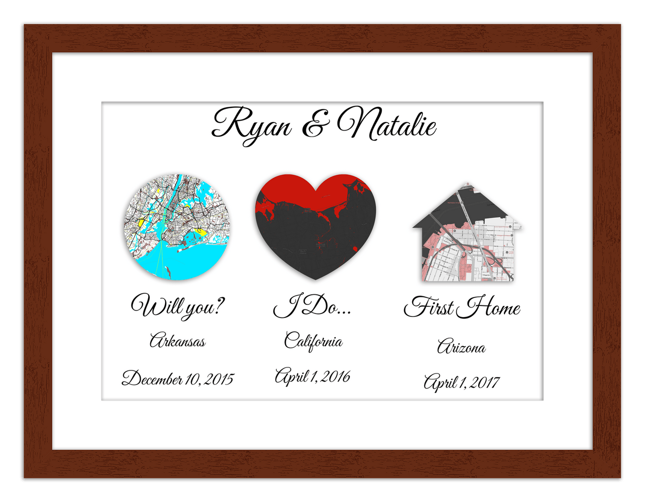 Personalized Relationship Milestones Map Wall Art - Custom Location Poster for Couples, Customized Names, Dates, City Maps, Romantic Home Decor, Keepsake Gifts for Wedding, Newlyweds, Anniversary - Front View