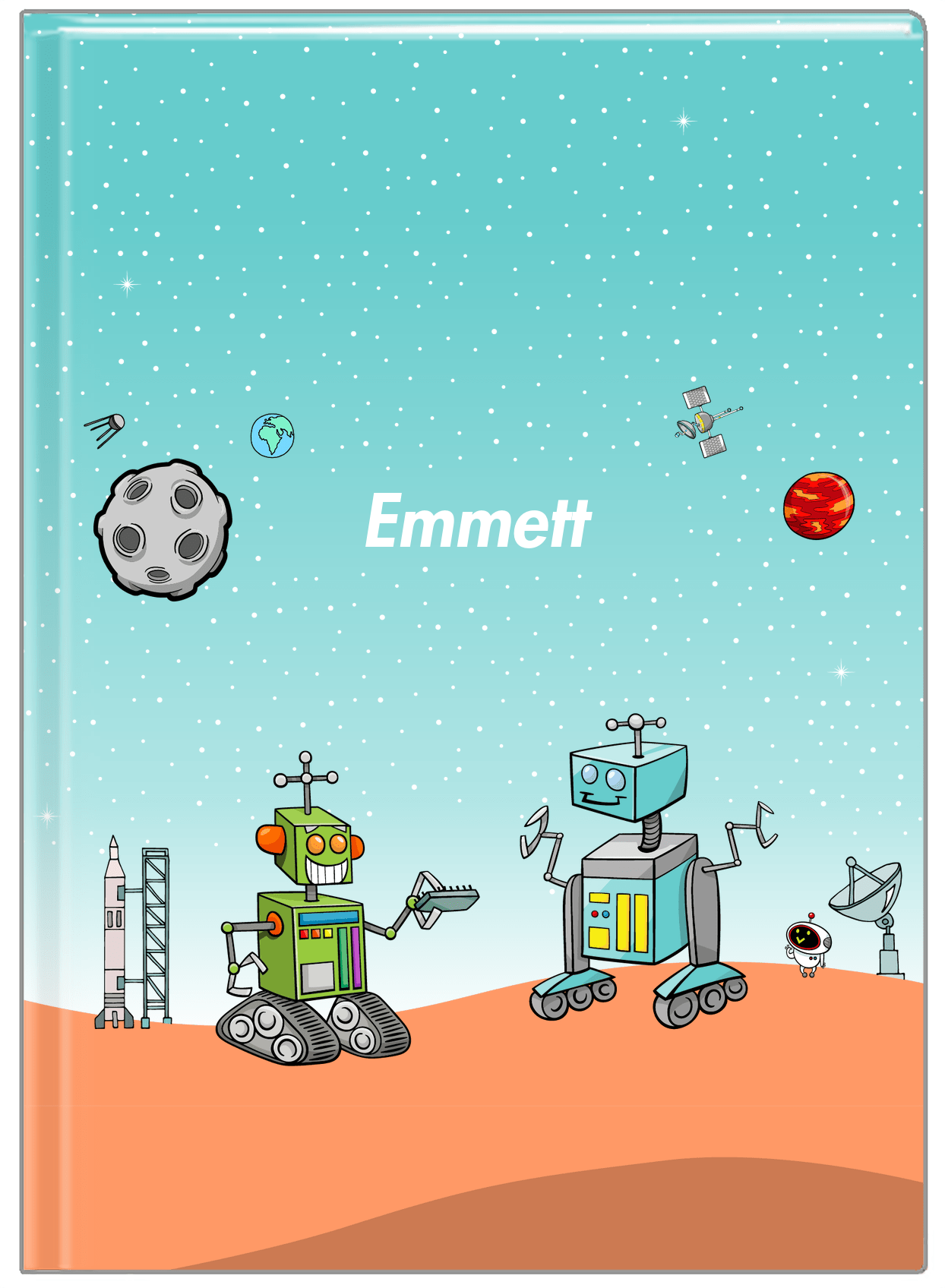Personalized Robots Journal I - Transistor Buddies - Teal Background - Front View
