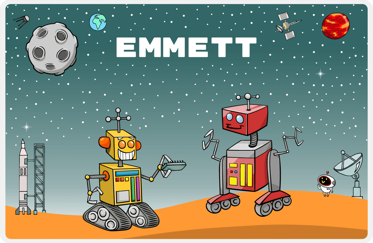 Personalized Robots Placemat I - Transistor Buddies - Teal Background -  View
