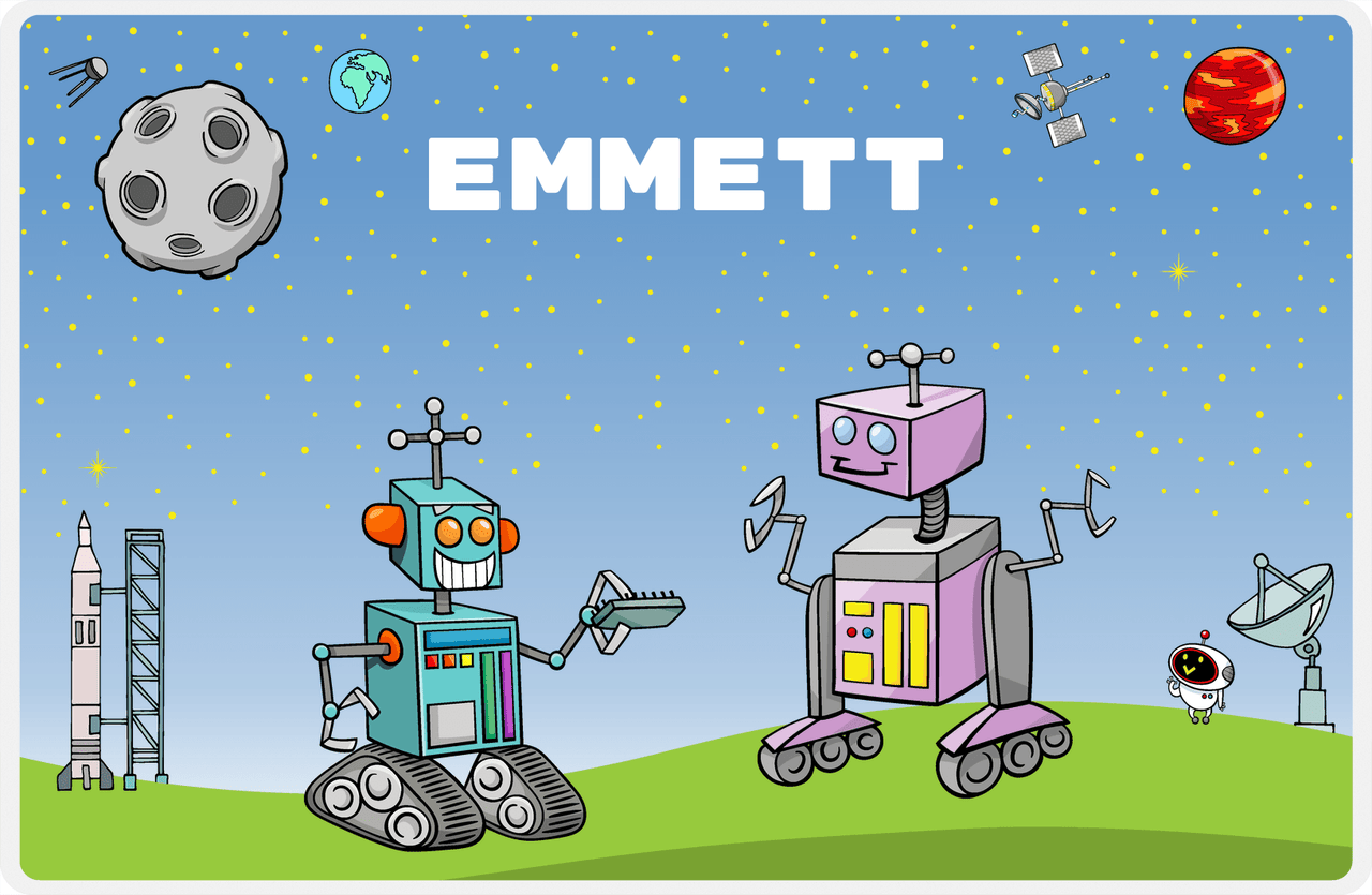 Personalized Robots Placemat I - Transistor Buddies - Blue Background -  View