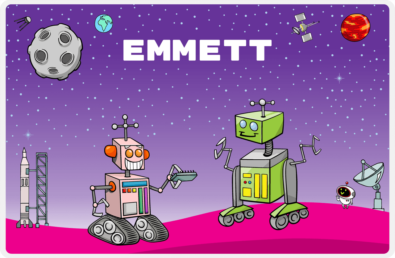 Personalized Robots Placemat I - Transistor Buddies - Purple Background -  View