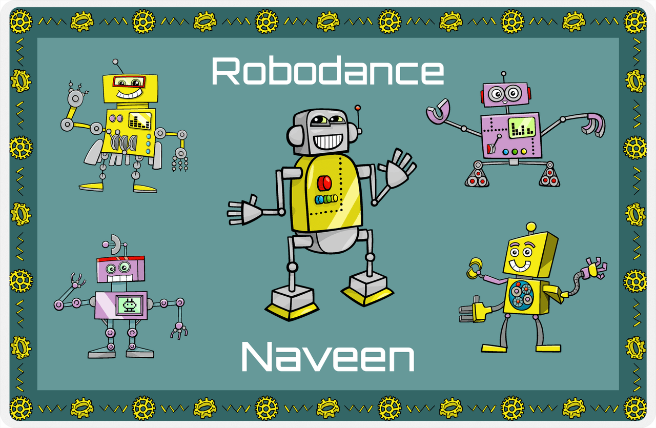 Personalized Robots Placemat II - Robodance Party - Teal Background -  View