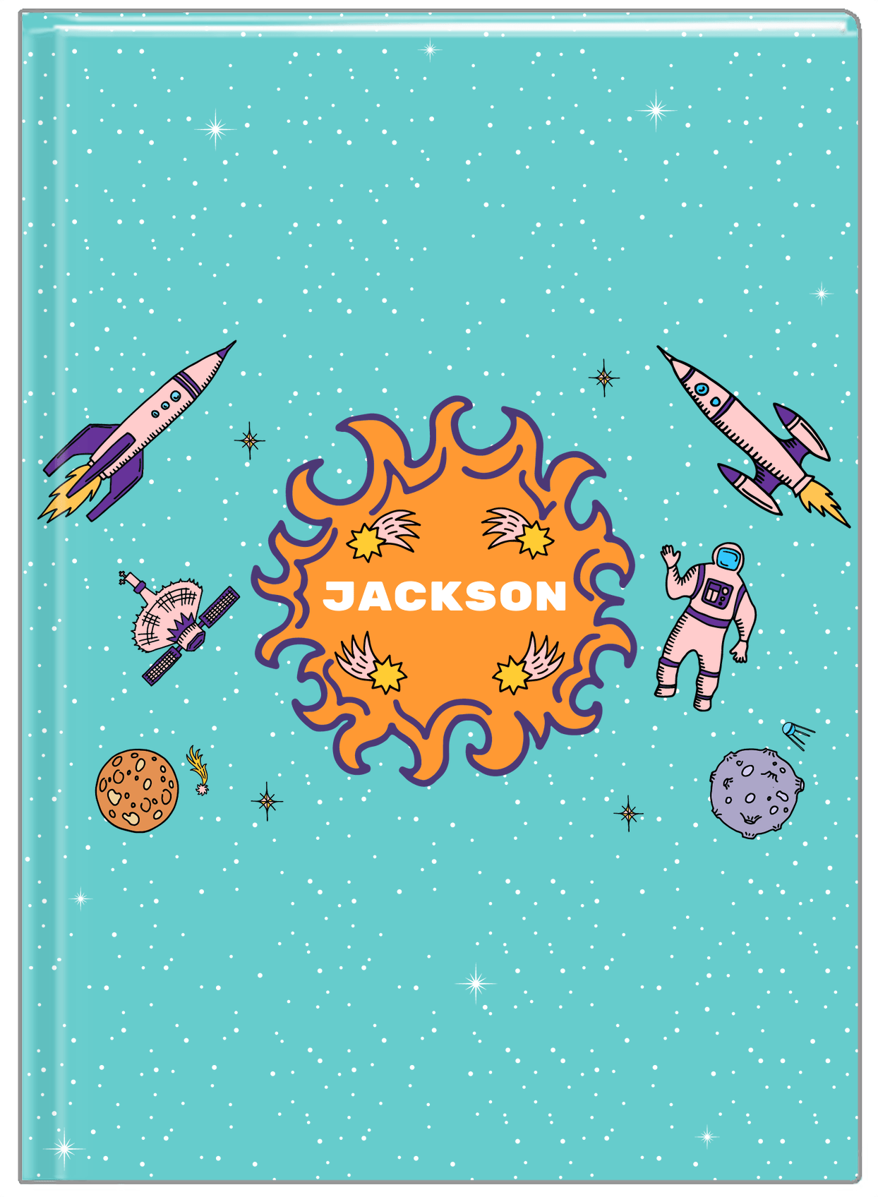 Personalized Rocket Ship Journal V - Fireball Galaxy - Teal Background - Front View