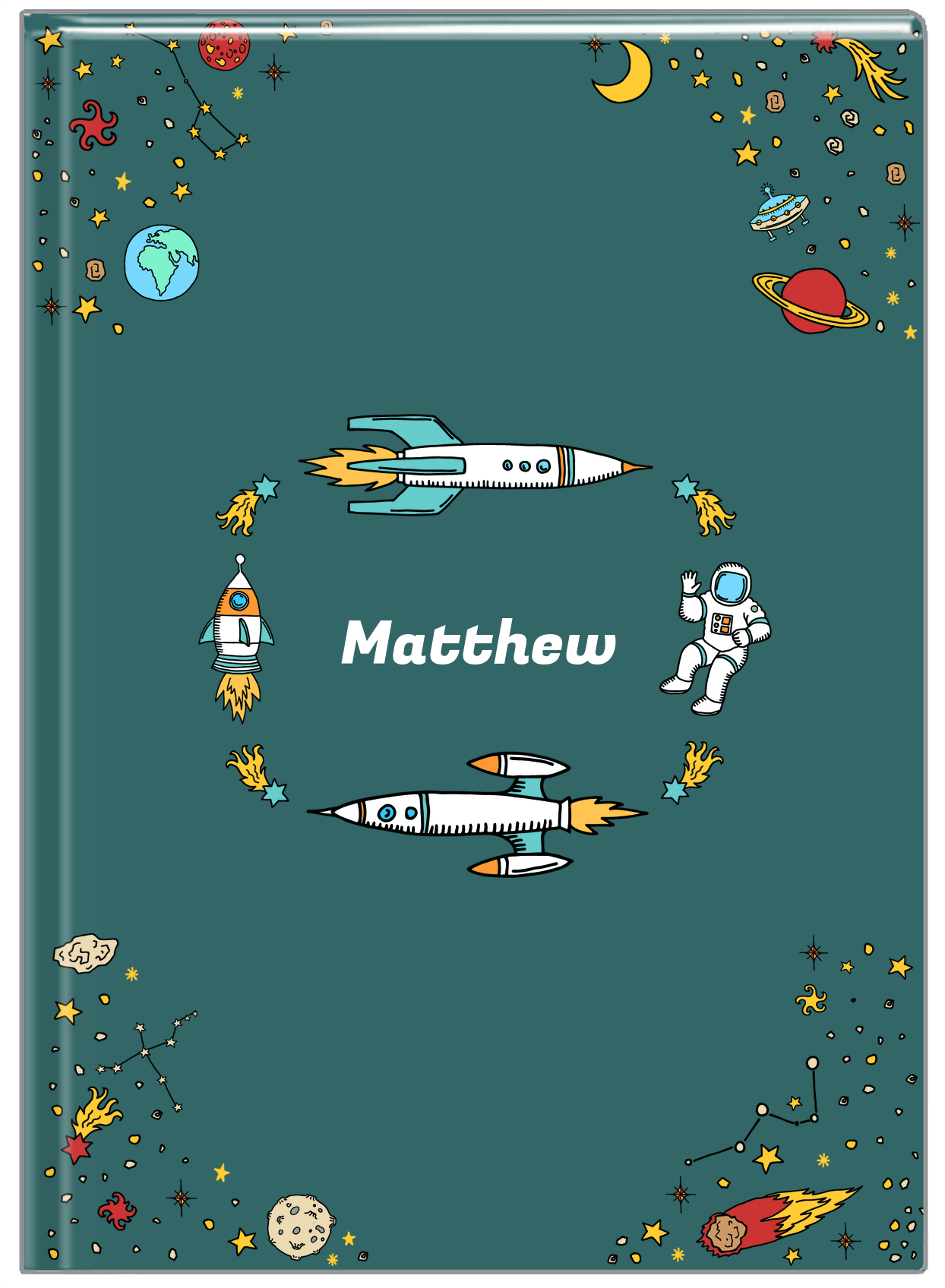 Personalized Rocket Ship Journal VI - Space Orbit - Teal Background - Front View