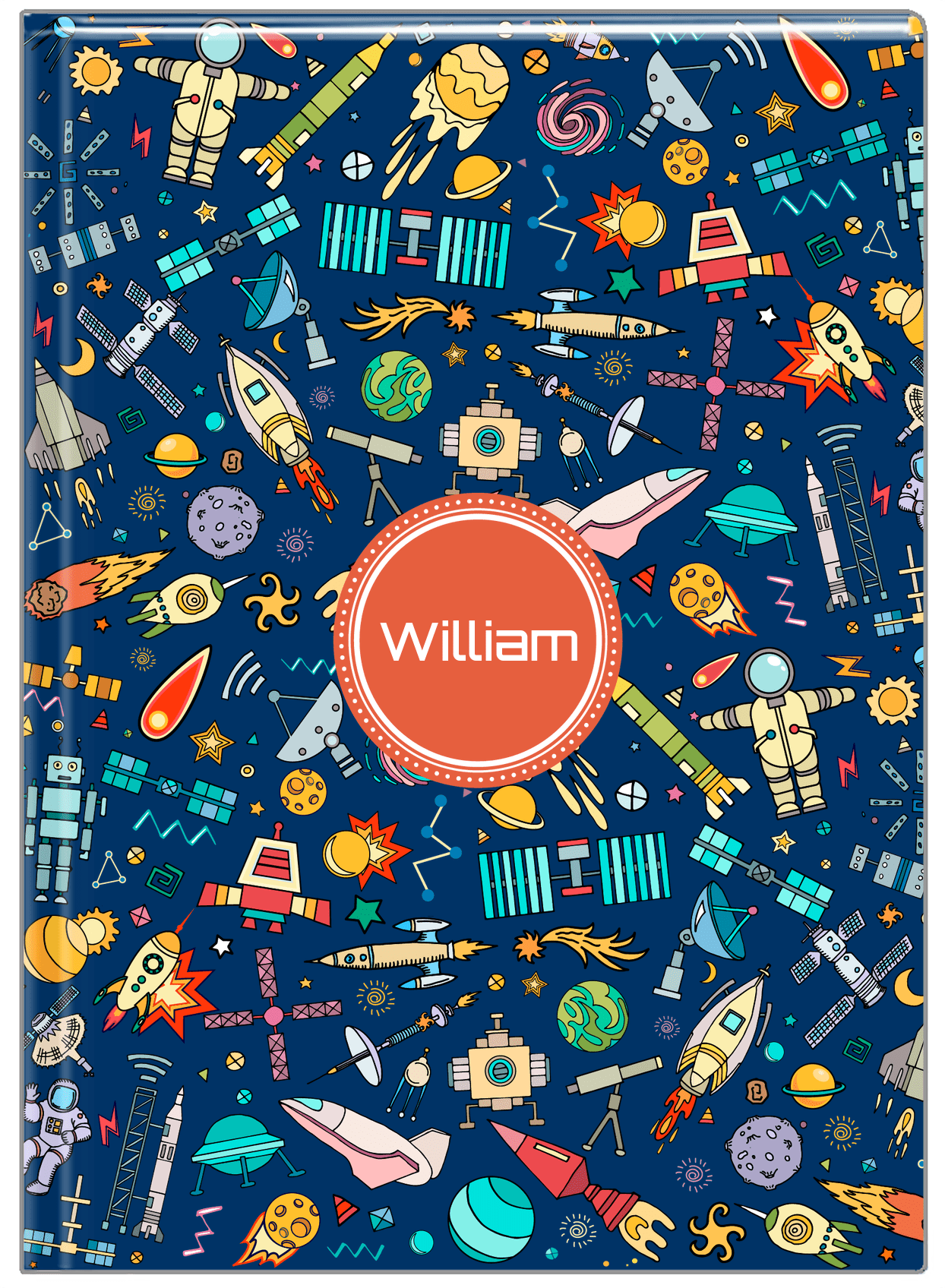 Personalized Rocket Ship Journal IX - Blue Background - Circle Nameplate - Front View