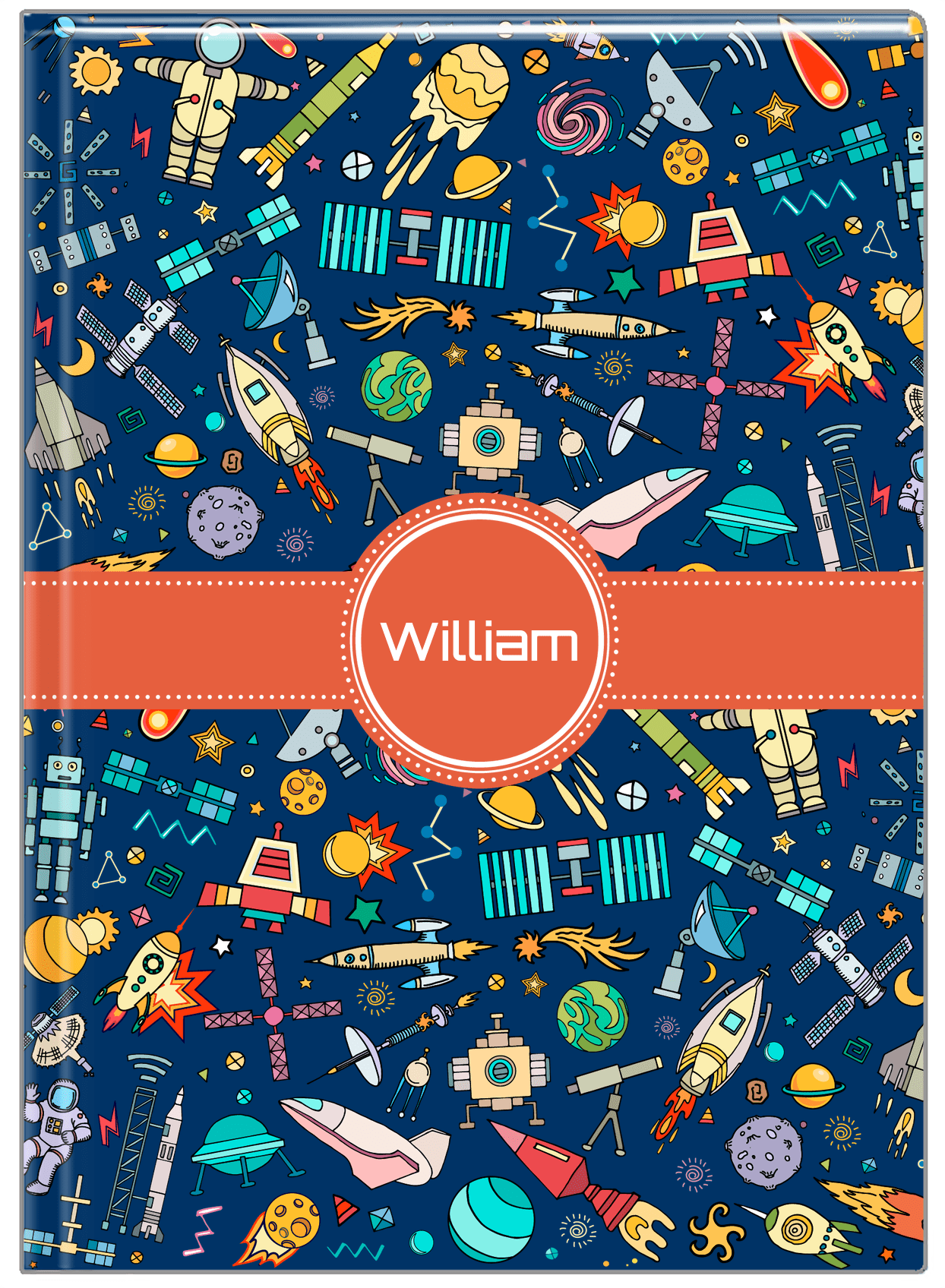 Personalized Rocket Ship Journal IX - Blue Background - Circle Ribbon Nameplate - Front View