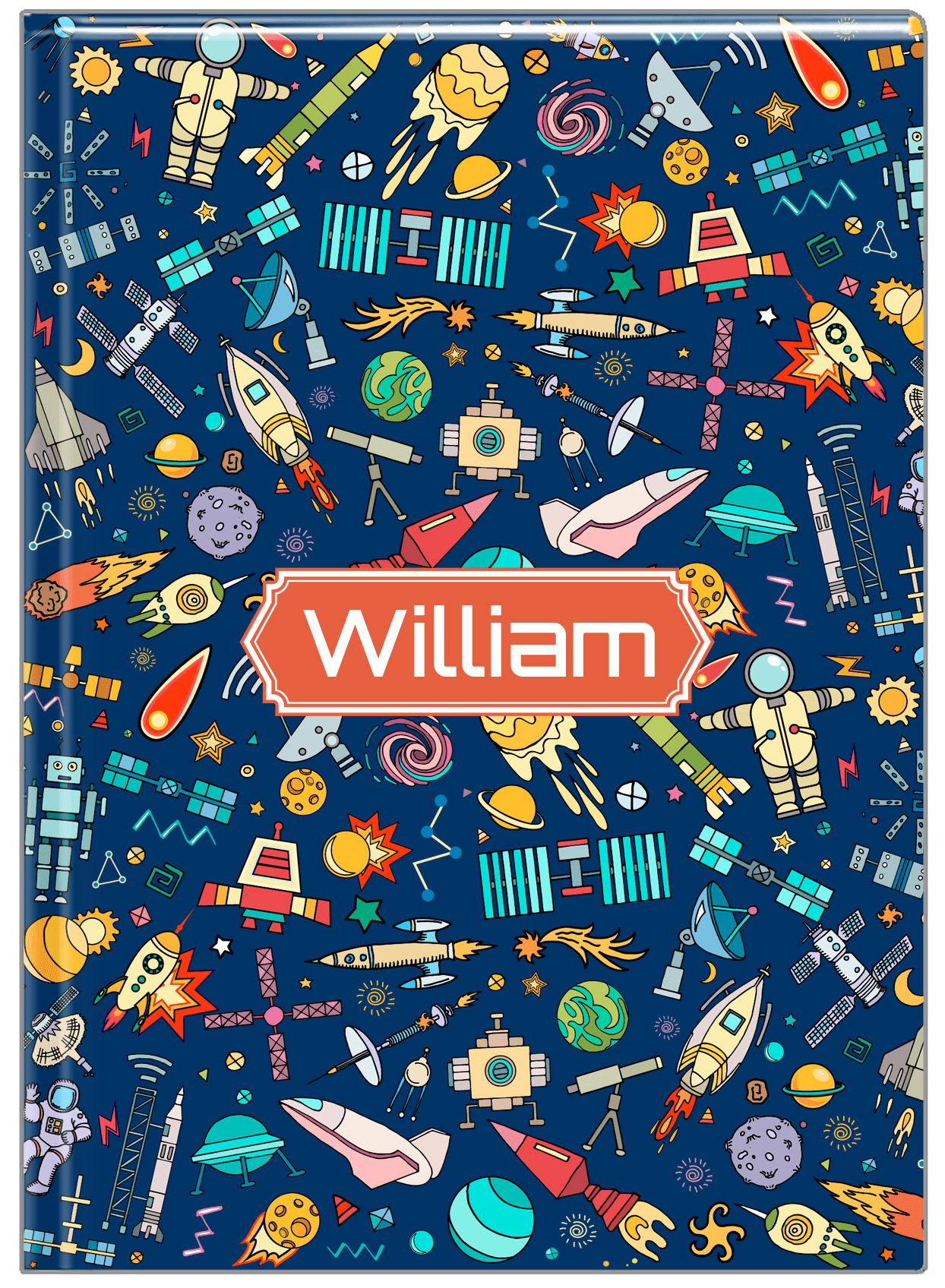 Personalized Rocket Ship Journal IX - Blue Background - Decorative Rectangle Nameplate - Front View