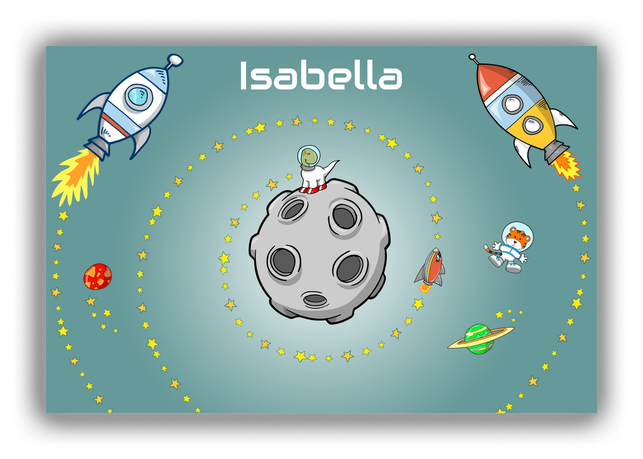 Personalized Rocket Ships Canvas Wrap & Photo Print III - Dinosaur Astronaut - Dark Teal Background - Front View