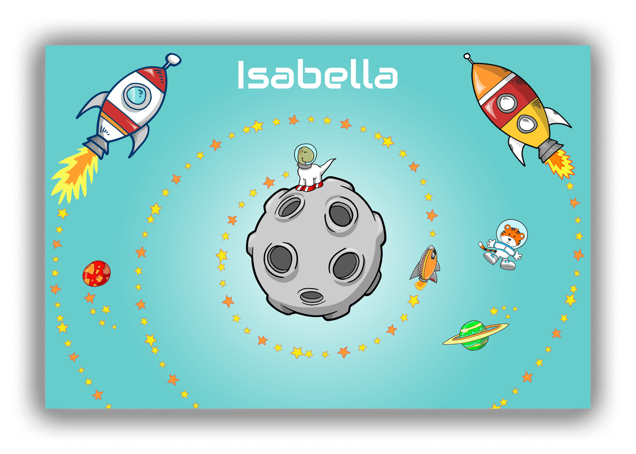 Personalized Rocket Ships Canvas Wrap & Photo Print III - Dinosaur Astronaut - Teal Background - Front View