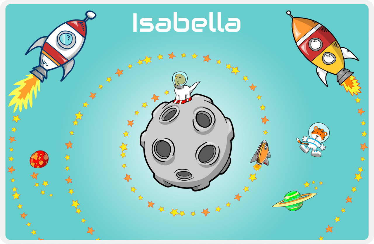 Personalized Rocket Ship Placemat III - Dinosaur Astronaut - Teal Background -  View