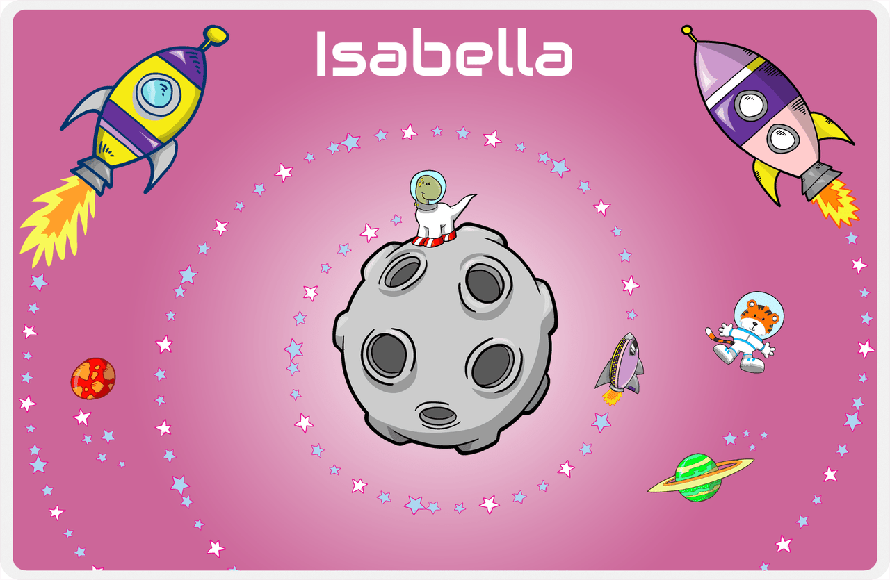 Personalized Rocket Ship Placemat III - Dinosaur Astronaut - Pink Background -  View