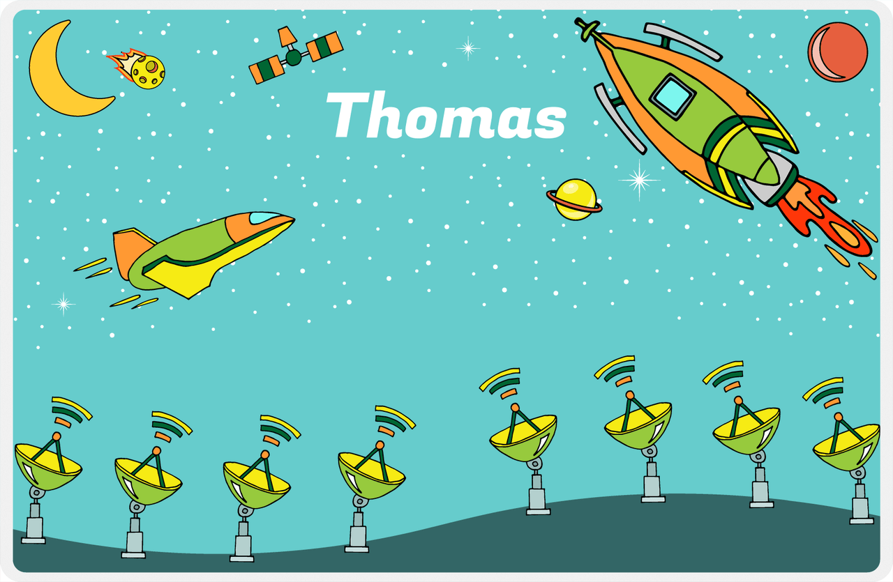 Personalized Rocket Ship Placemat VII - Tracking Space - Teal Background -  View