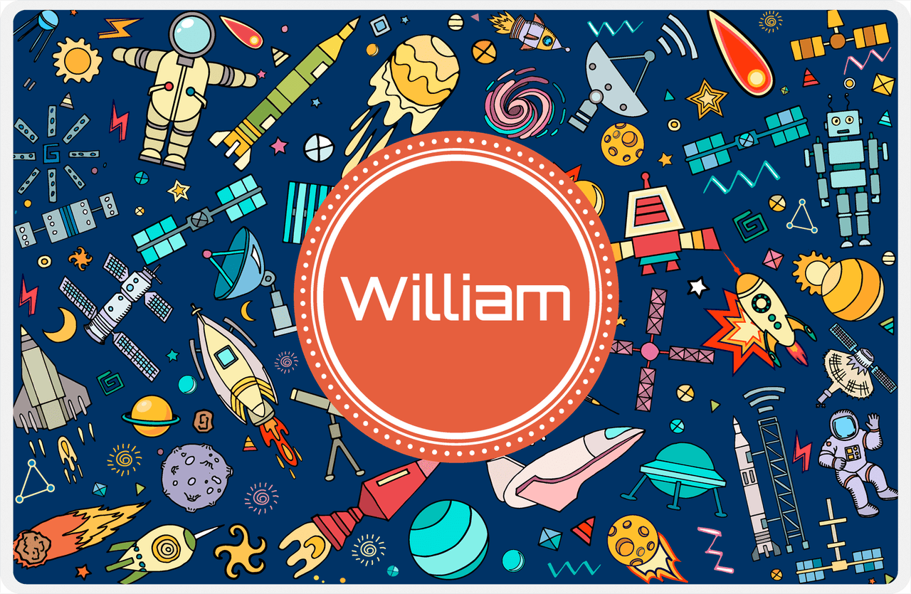 Personalized Rocket Ship Placemat IX - Blue Background - Circle Nameplate -  View