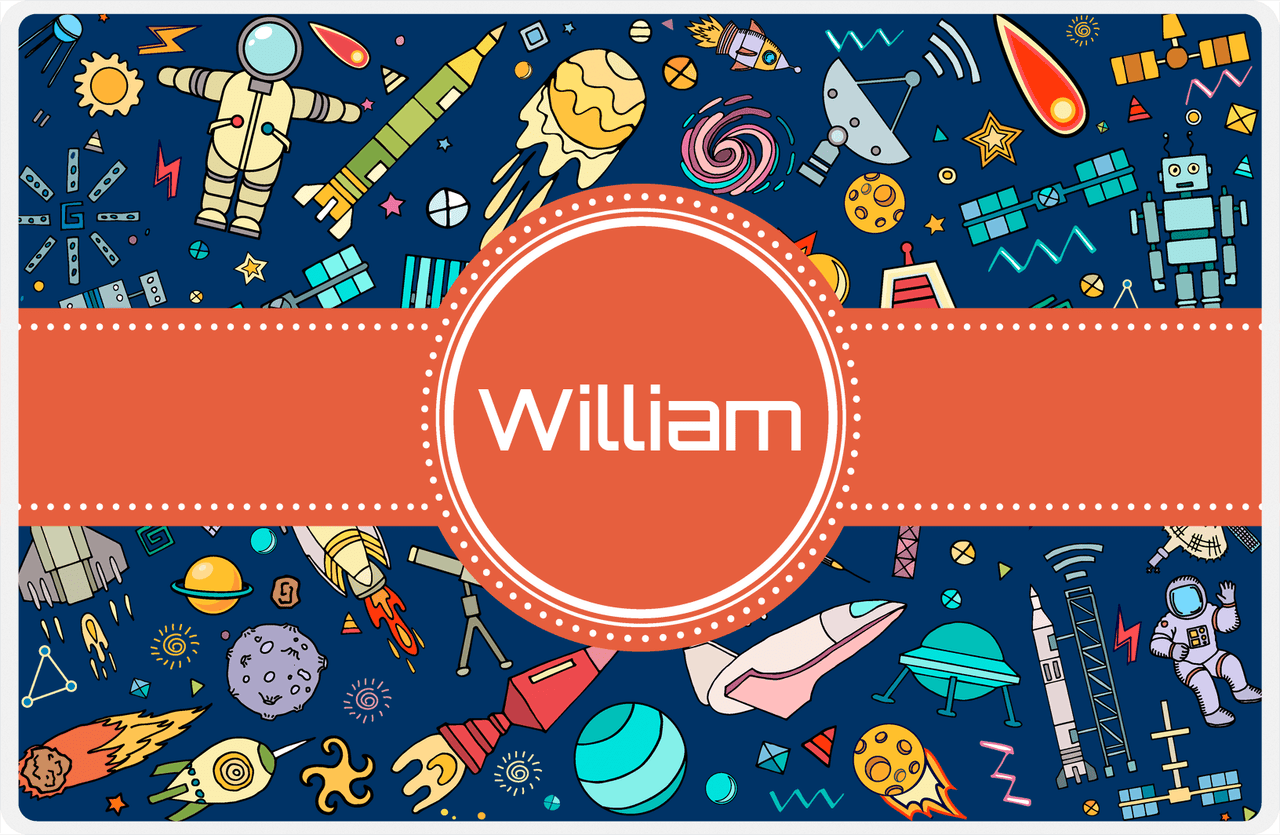 Personalized Rocket Ship Placemat IX - Blue Background - Circle Ribbon Nameplate -  View
