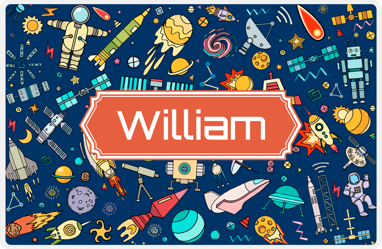 Personalized Rocket Ship Placemat IX - Blue Background - Decorative Rectangle Nameplate -  View