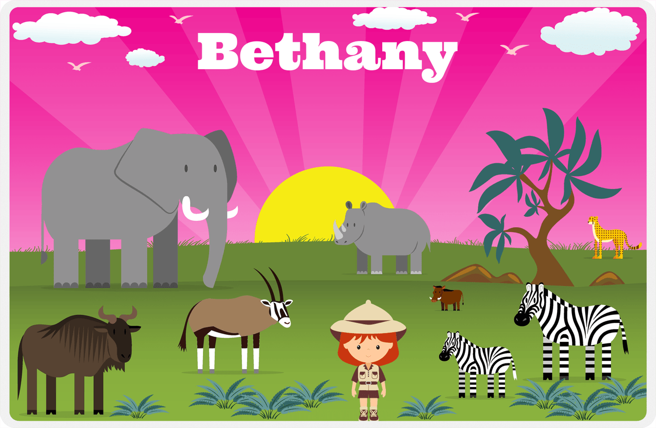 Personalized Safari / Zoo Placemat VI - Safari Walkabout - Redhead Girl -  View