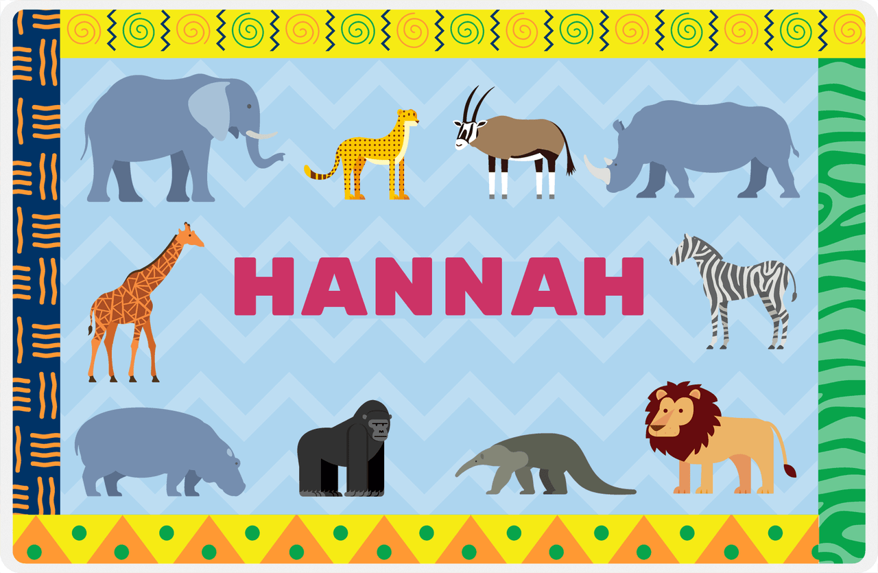 Personalized Safari / Zoo Placemat XIV - Border Patterns - Blue Background -  View