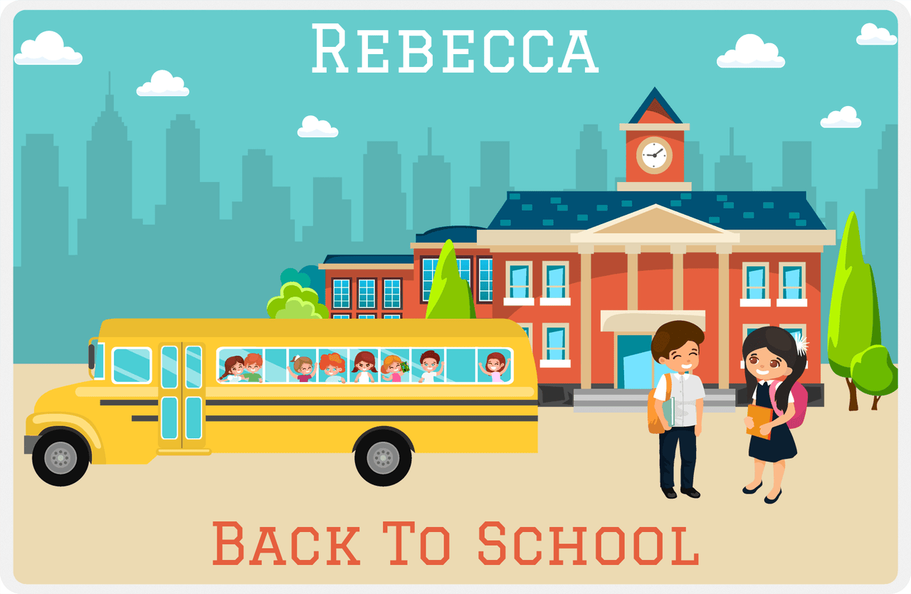 Personalized School Teacher Placemat IV - Bus Drop Off - Black Hair Girl -  View