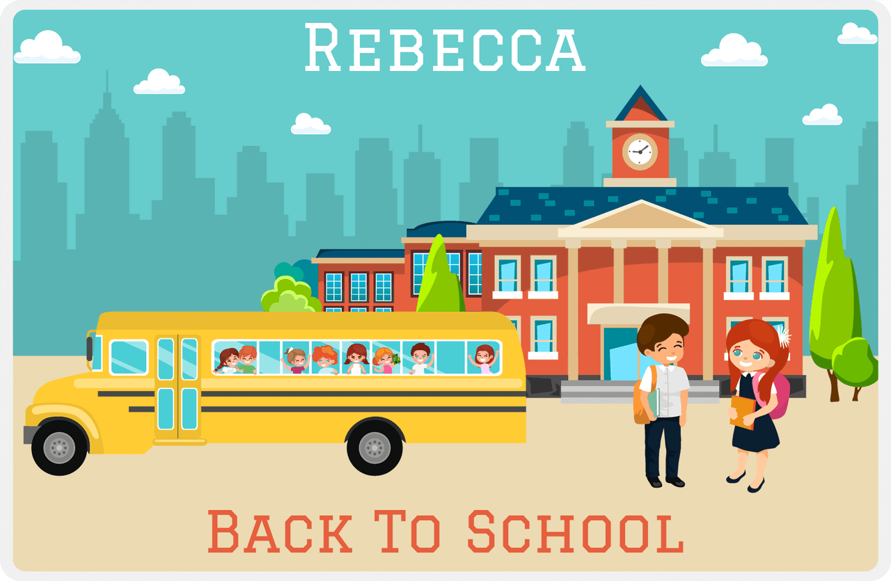 Personalized School Teacher Placemat IV - Bus Drop Off - Redhead Girl -  View