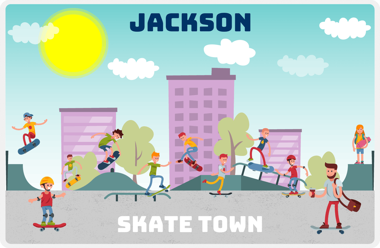 Personalized Skateboarding Placemat I - Skate Town - Teal Background -  View