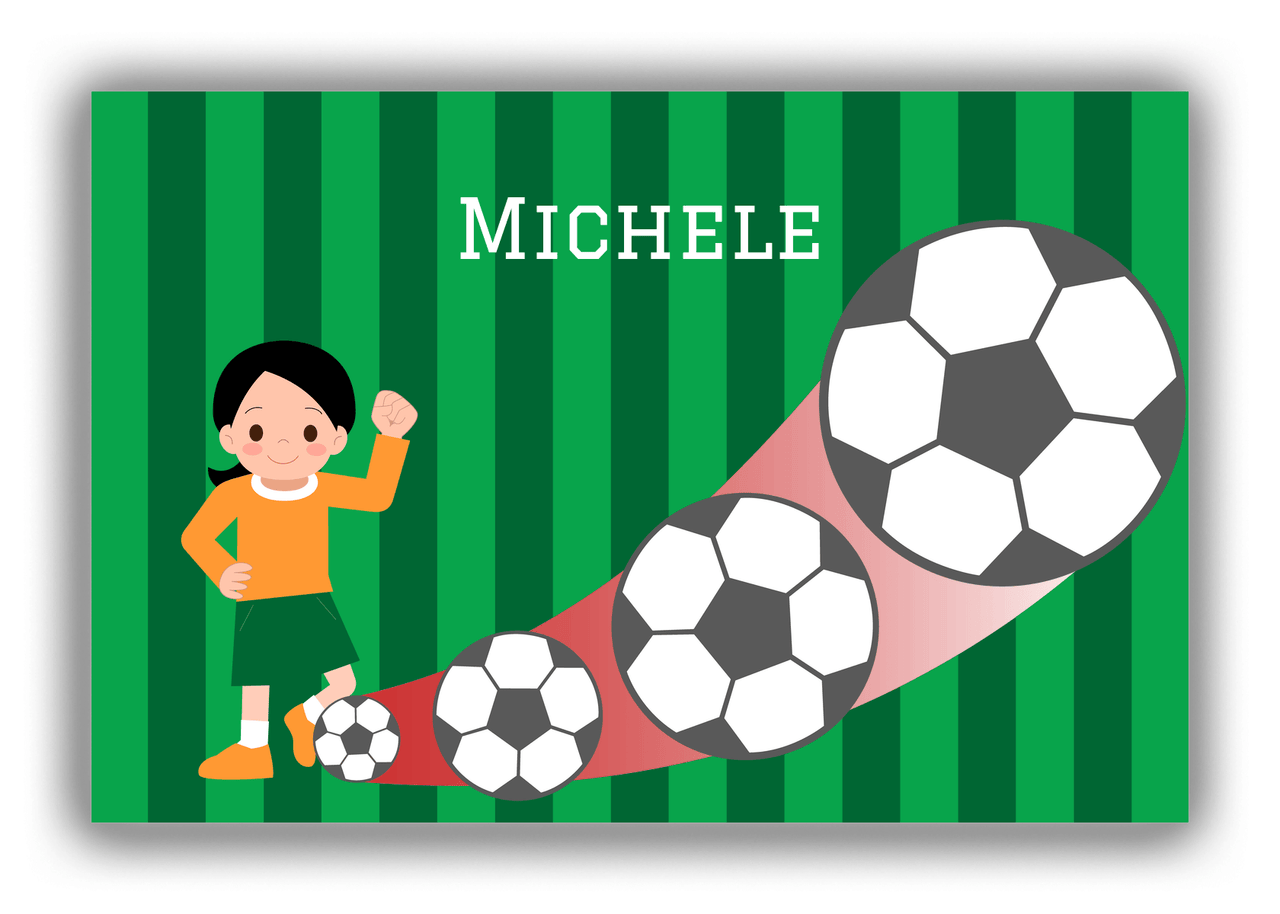 Personalized Soccer Canvas Wrap & Photo Print II - Big Kick - Black Hair Girl I - Front View