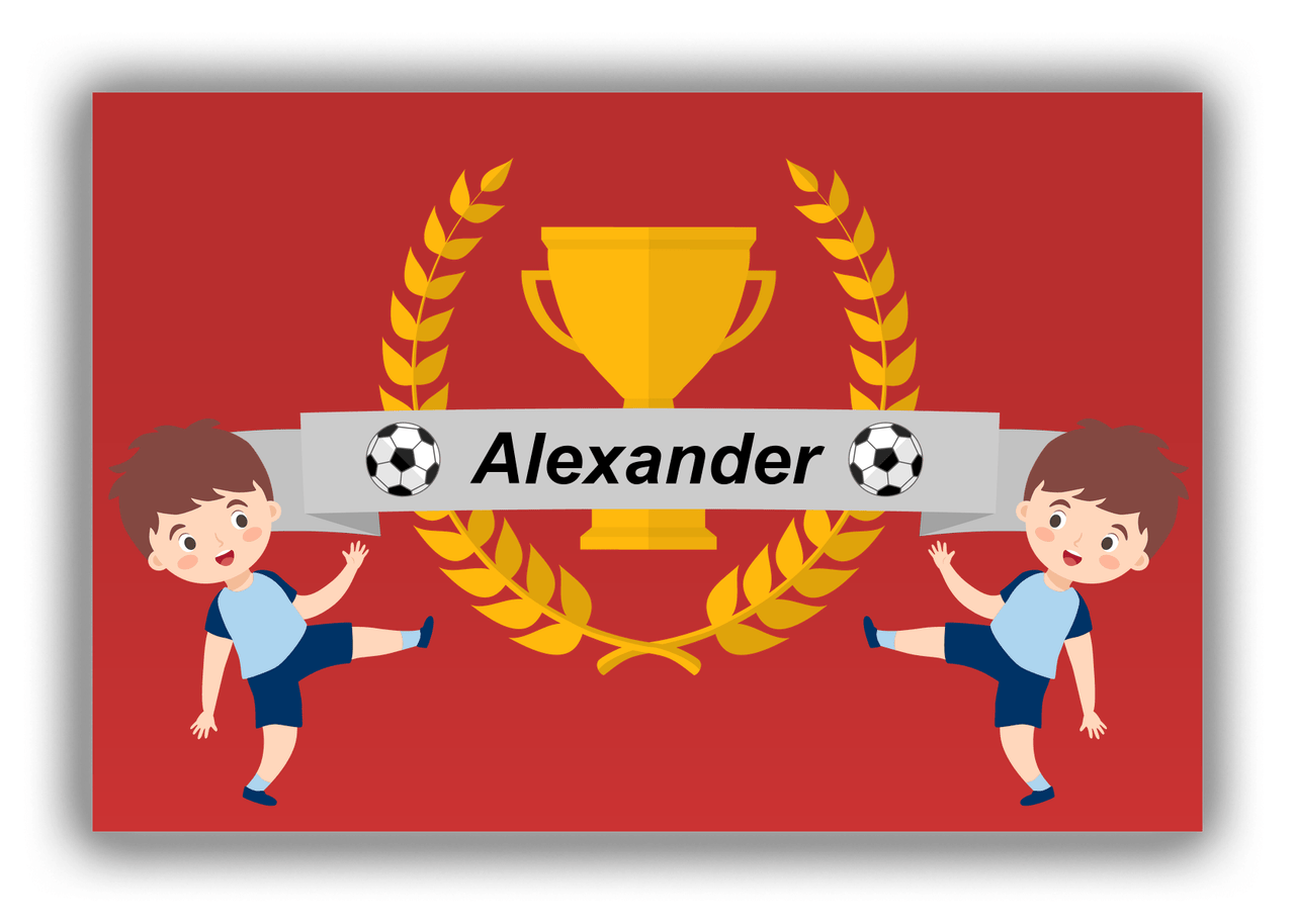 Personalized Soccer Canvas Wrap & Photo Print XXIX - Trophy Ribbon - Brown Hair Boy II - Front View