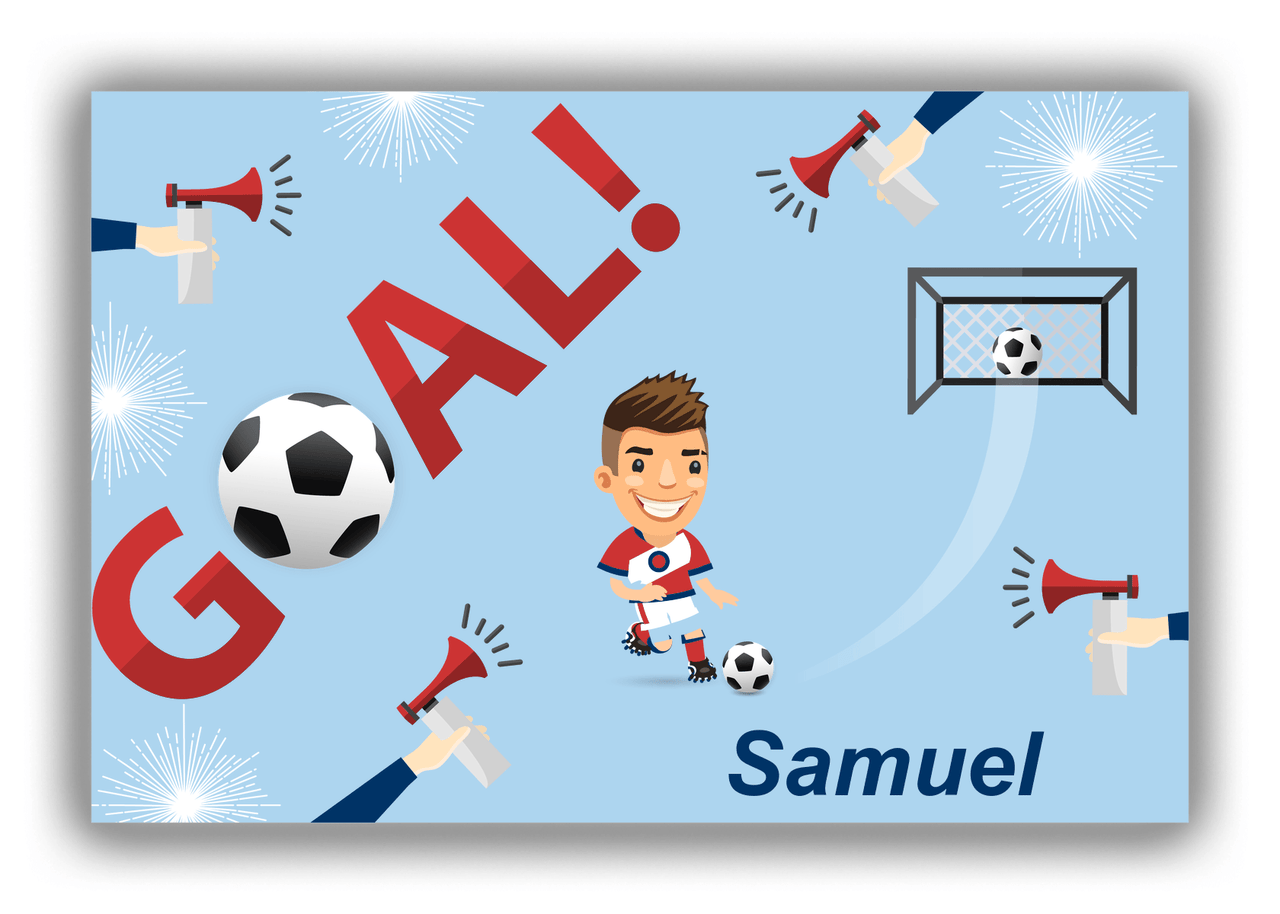 Personalized Soccer Canvas Wrap & Photo Print XLII - Goal Airhorn - Brown Hair Boy - Front View