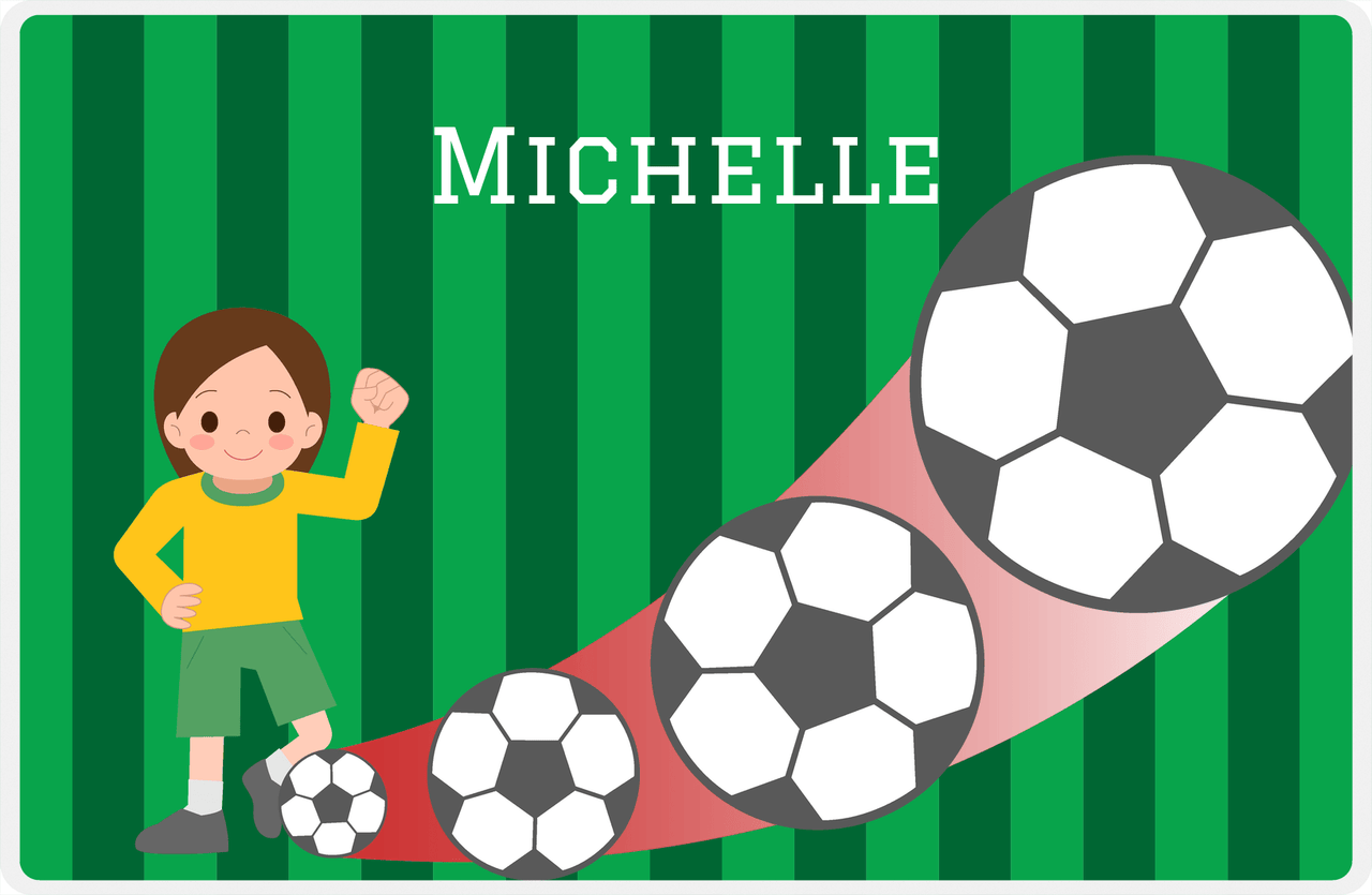 Personalized Soccer Placemat II - Green Background - Brunette Girl -  View