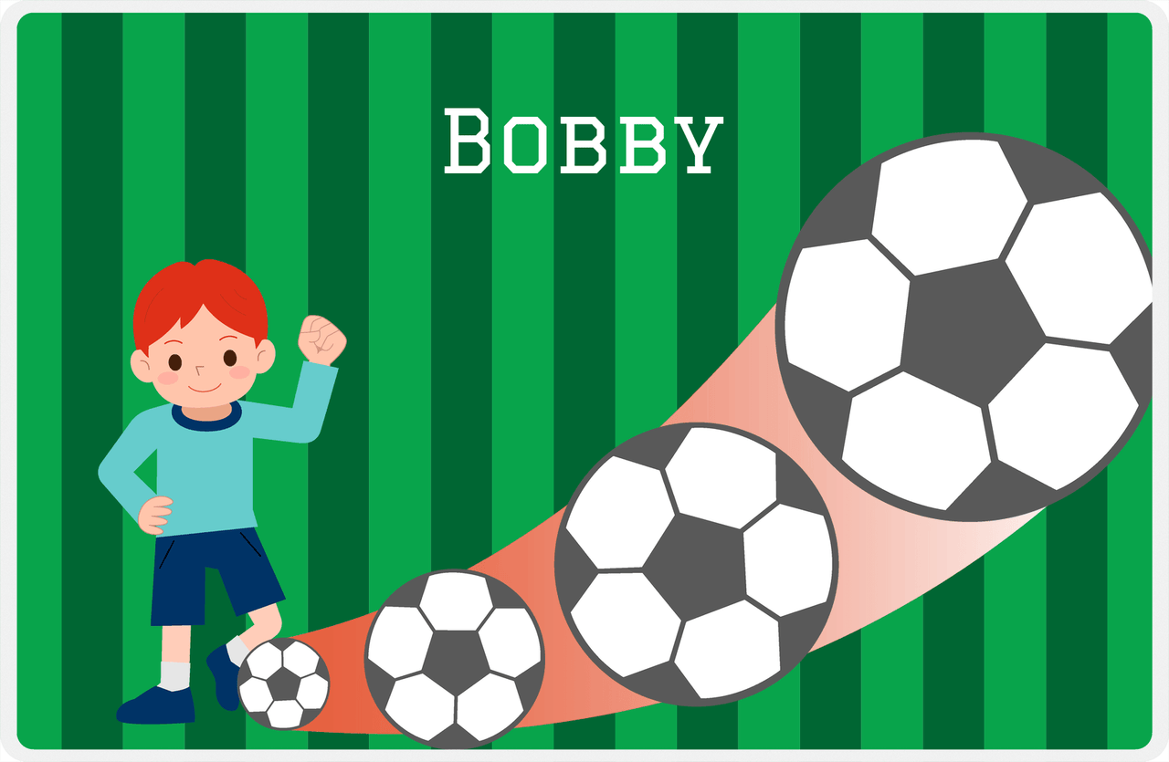 Personalized Soccer Placemat III - Green Background - Redhead Boy -  View