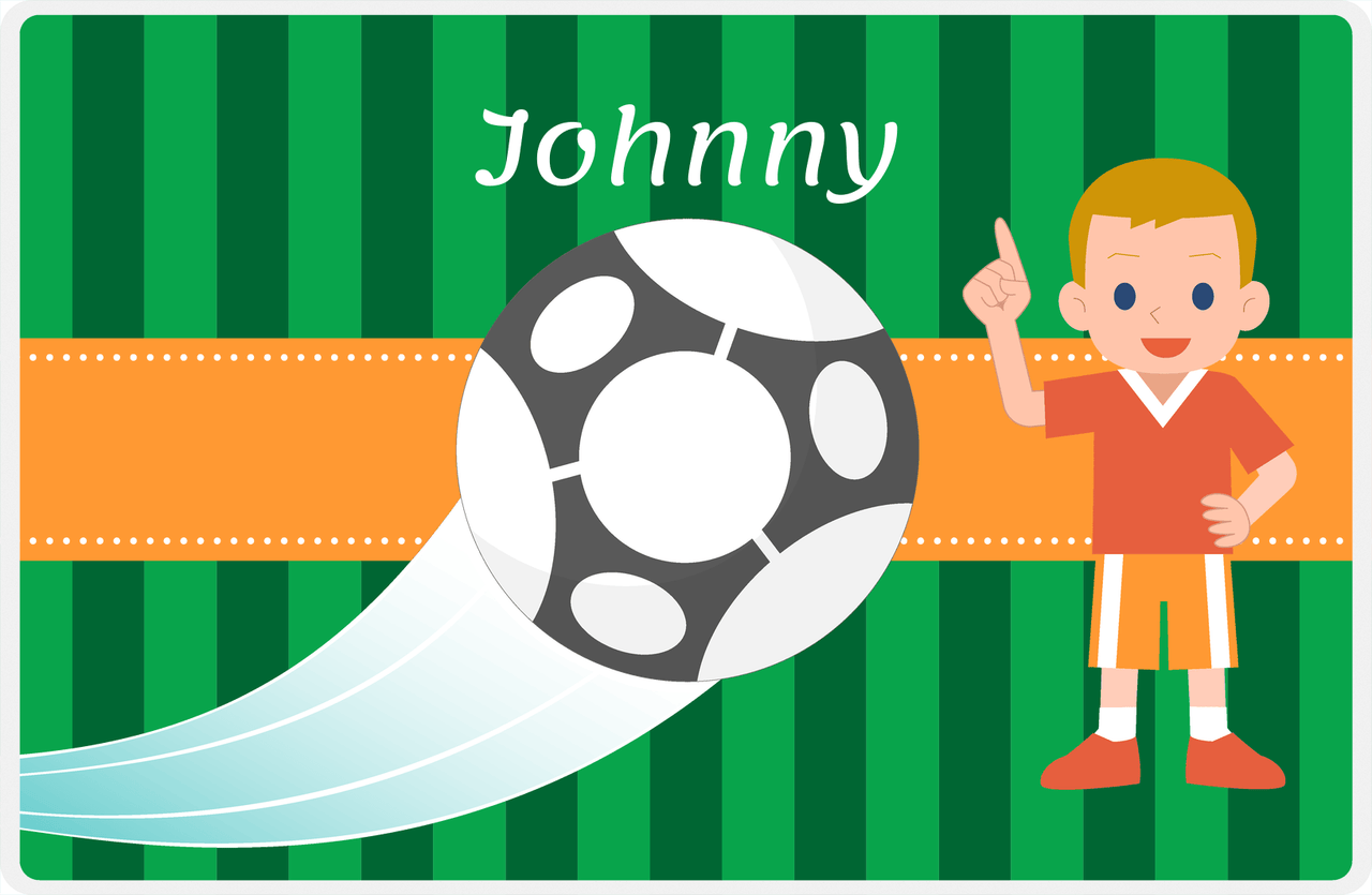 Personalized Soccer Placemat V - Green Background - Blond Haired Boy -  View