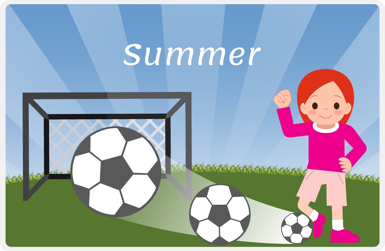 Personalized Soccer Placemat VII - Blue Background - Redhead Girl -  View