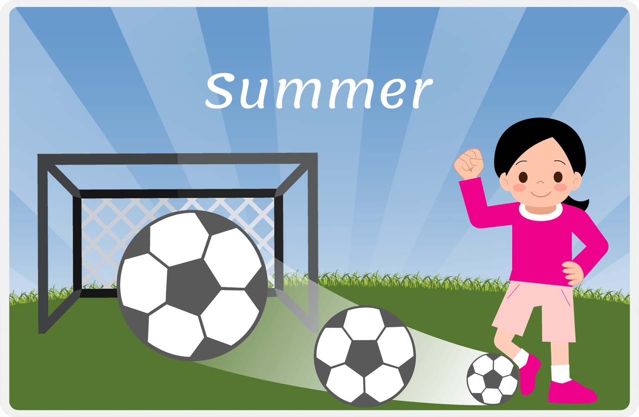 Personalized Soccer Placemat VII - Blue Background - Black Hair Girl -  View