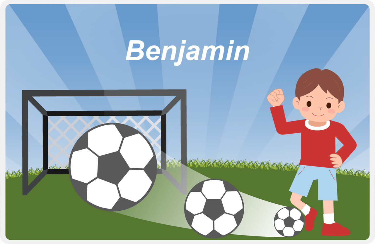 Personalized Soccer Placemat VIII - Blue Background - Brown Hair Boy -  View