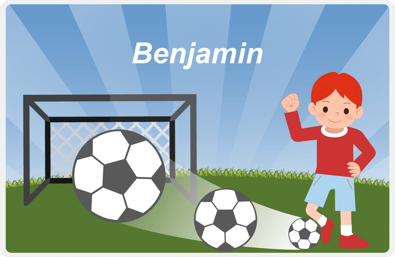Personalized Soccer Placemat VIII - Blue Background - Redhead Boy -  View