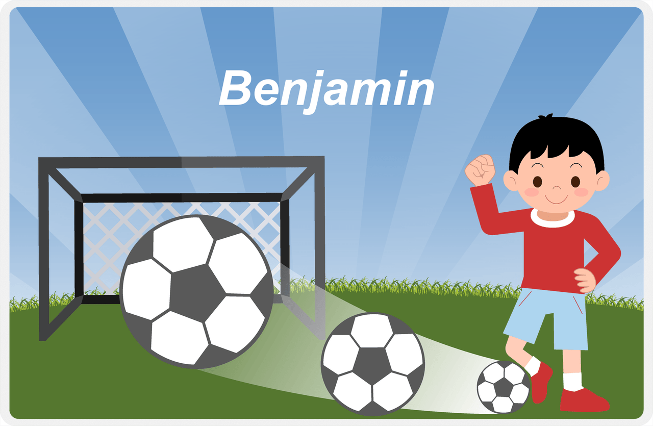 Personalized Soccer Placemat VIII - Blue Background - Black Hair Boy -  View