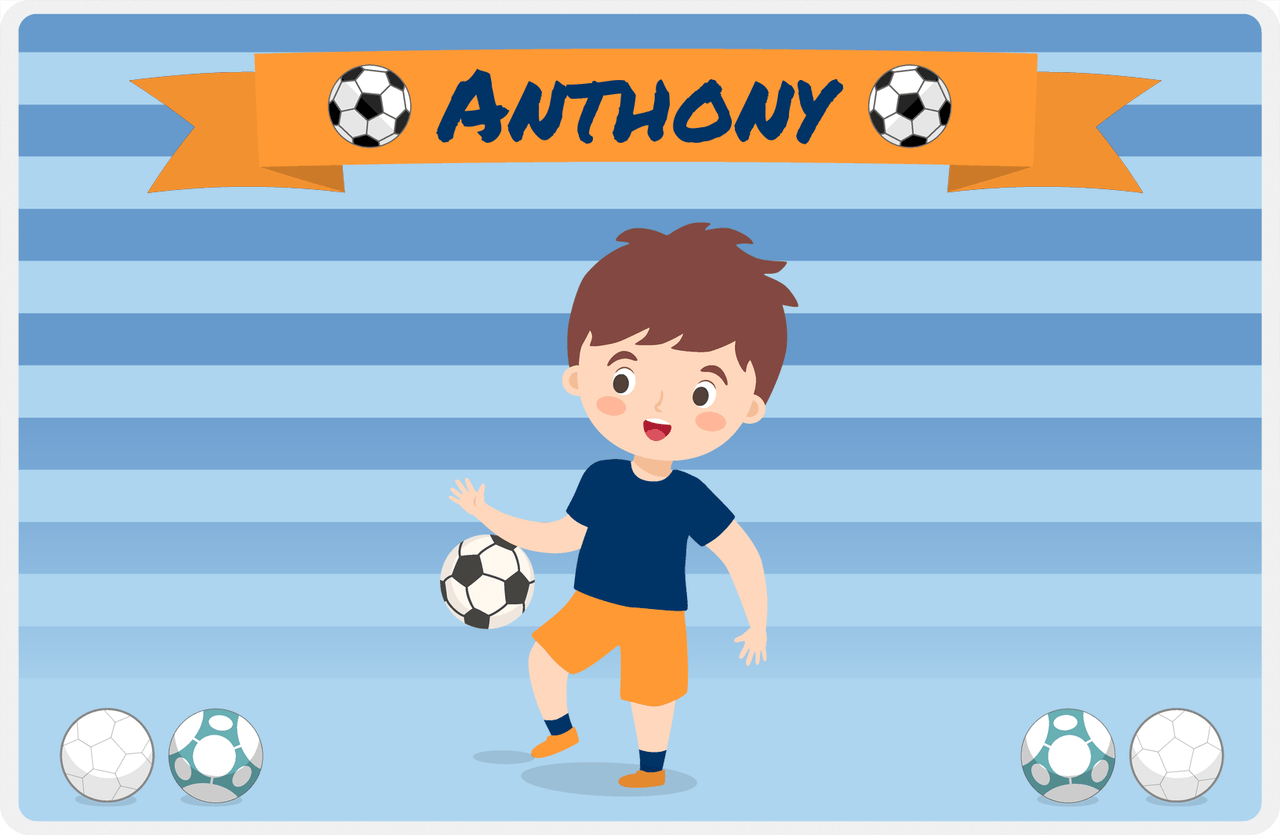 Personalized Soccer Placemat XIX - Orange Ribbon - Brown Hair Boy -  View