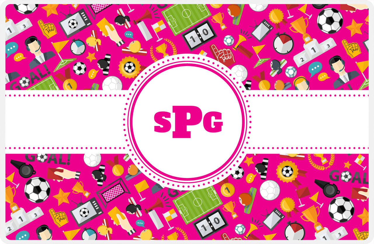 Personalized Soccer Placemat XX - Pink Background - Circle Ribbon Nameplate -  View